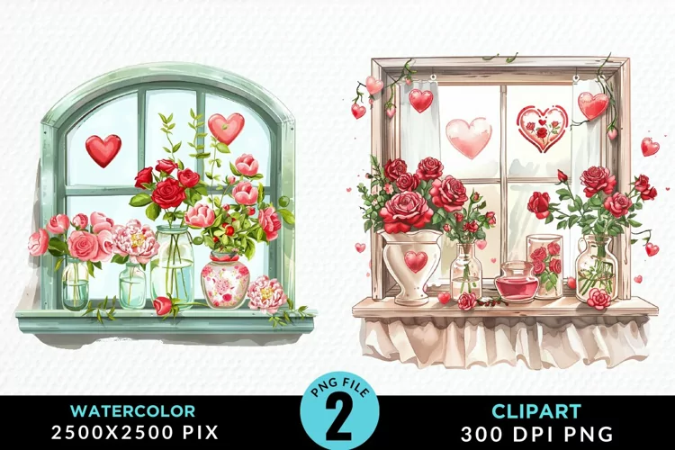Watercolor Valentines Window Clipart