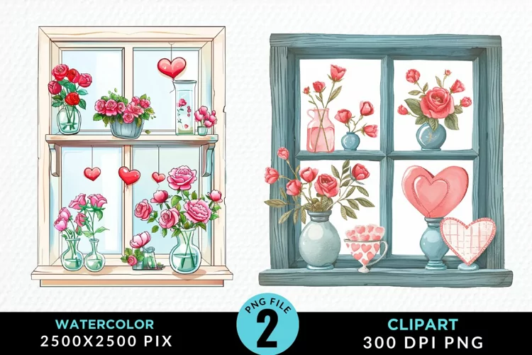 Watercolor Valentines Window Clipart