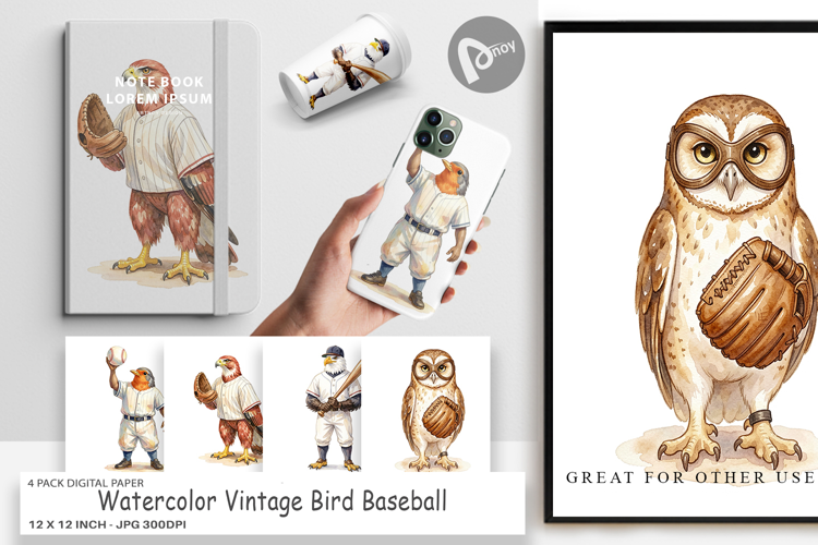 Vintage Bird Baseball Digital Paper