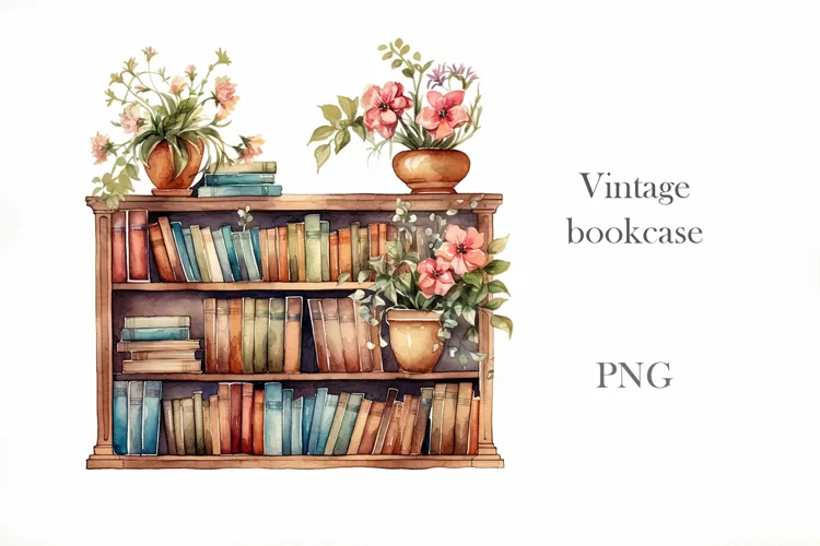 Watercolor Vintage bookcase. Book lover sublimation.