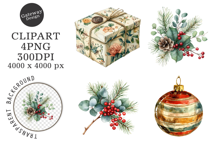 Watercolor Vintage Christmas Clipart