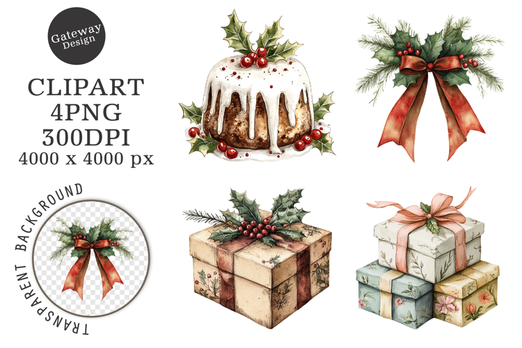 Watercolor Vintage Christmas Clipart