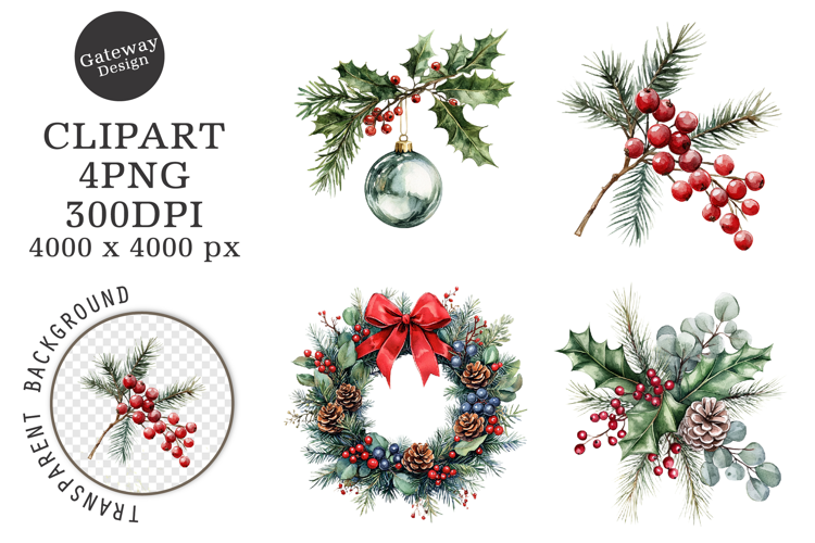 Watercolor Vintage Christmas Clipart