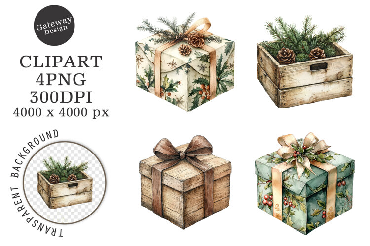 Watercolor Vintage Christmas Clipart example image 1
