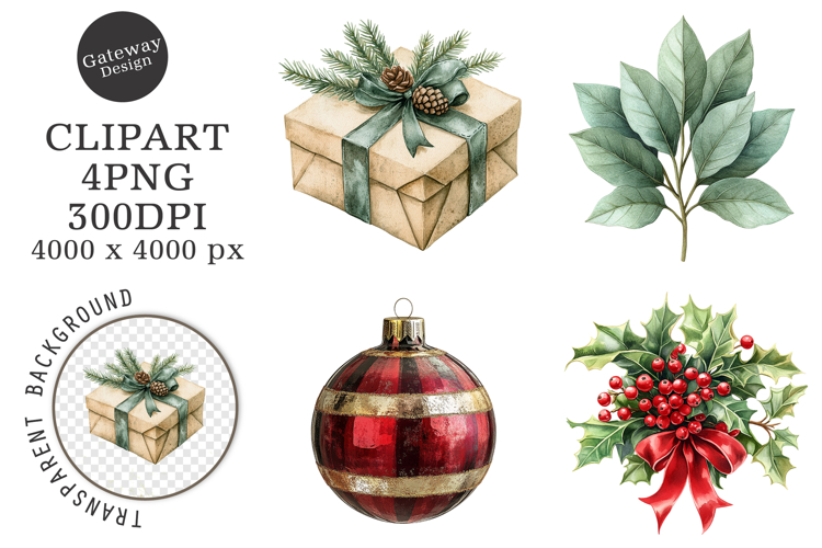 Watercolor Vintage Christmas Clipart