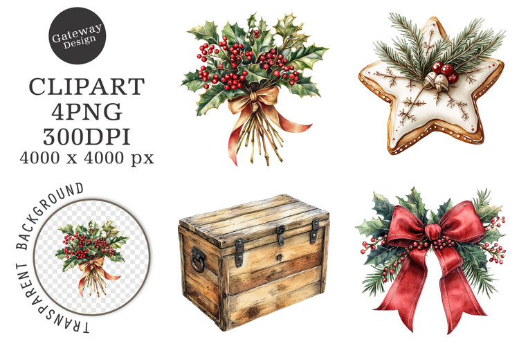 Watercolor Vintage Christmas Clipart example image 1