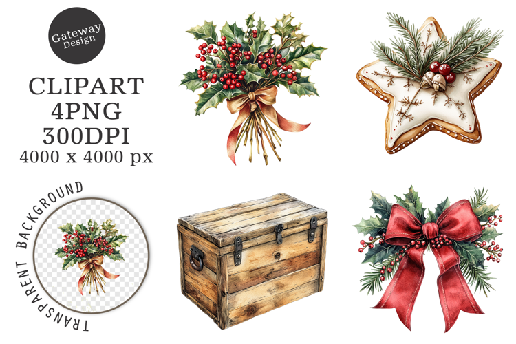 Watercolor Vintage Christmas Clipart