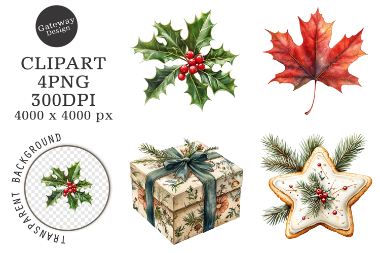 Watercolor Vintage Christmas Clipart