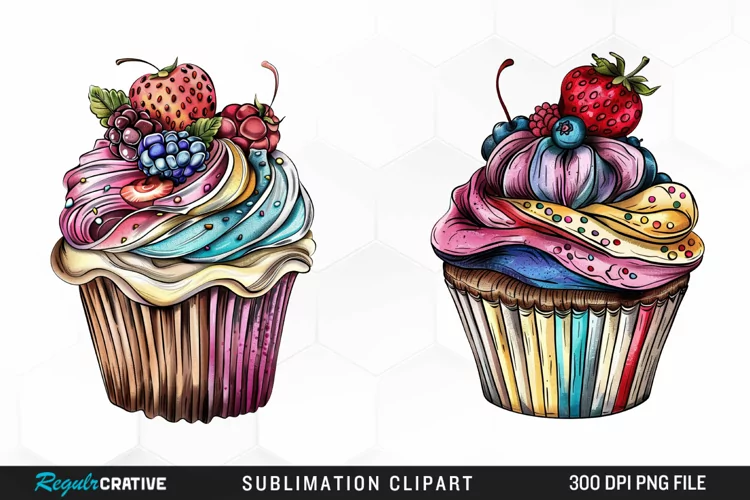 Watercolor Vintage Cupcake Graphics Clipart