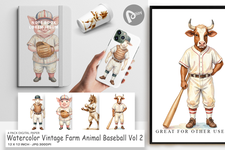 Farm Animal Baseball Digital Paper