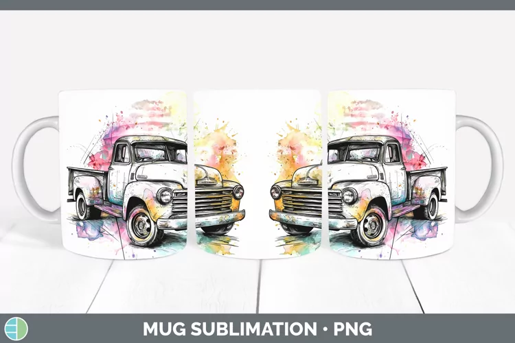 Watercolor Vintage Truck Mug Wrap Sublimation Coffee Cup Des