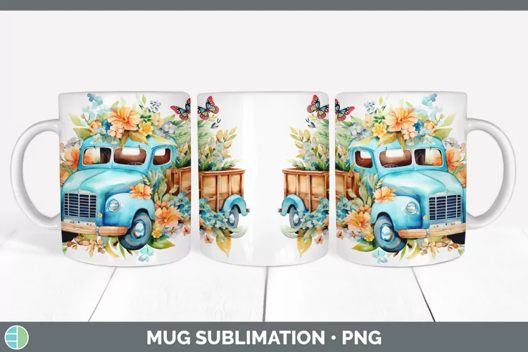 Watercolor Vintage Truck Mug Wrap | Sublimation Coffee Cup D