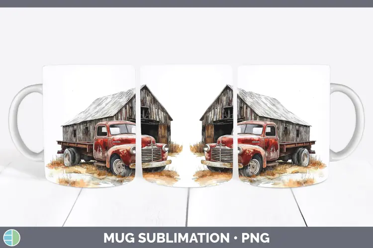 Watercolor Vintage Truck Mug Wrap Sublimation Coffee Cup Des