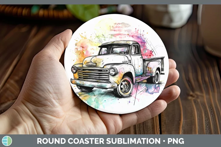 Watercolor Vintage Truck Round Coaster Sublimation Coaster D