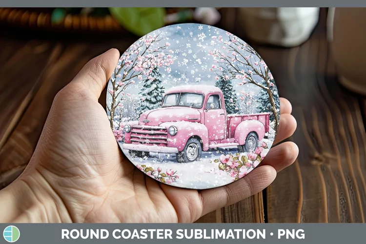 Watercolor Vintage Truck Round Coaster Sublimation Coaster D