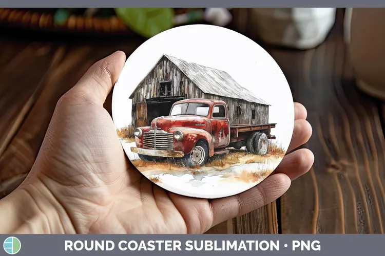 Watercolor Vintage Truck Round Coaster Sublimation Coaster D