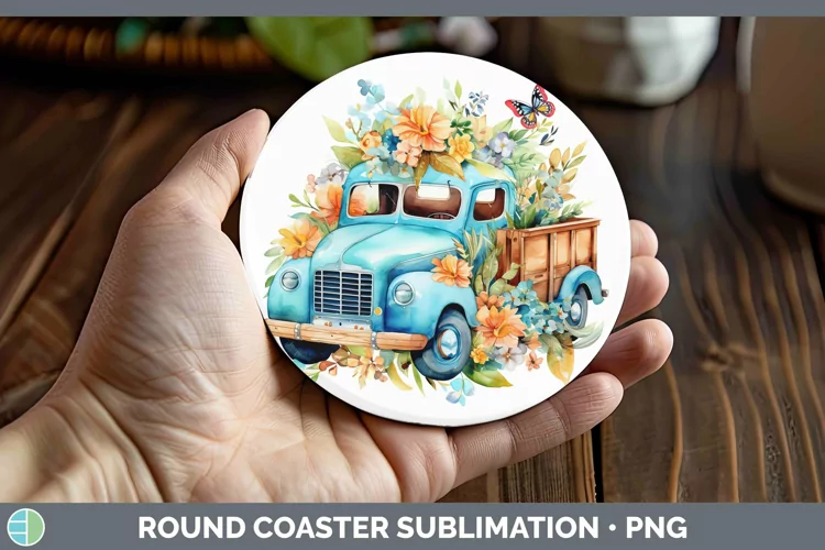 Watercolor Vintage Truck Round Coaster | Sublimation Coaster