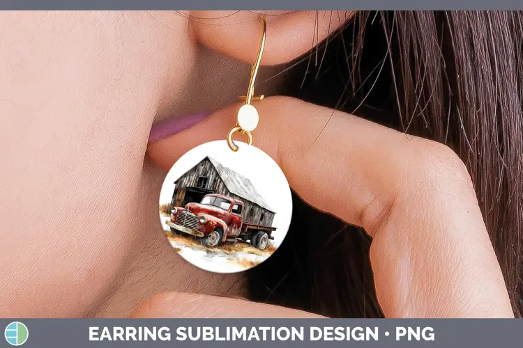 Watercolor Vintage Truck Round Earrings Sublimation Earrings