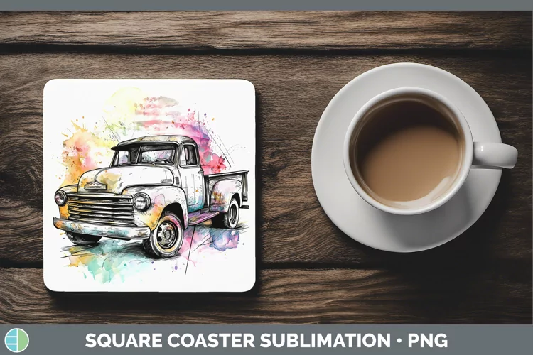 Watercolor Vintage Truck Square Coaster Sublimation Coaster