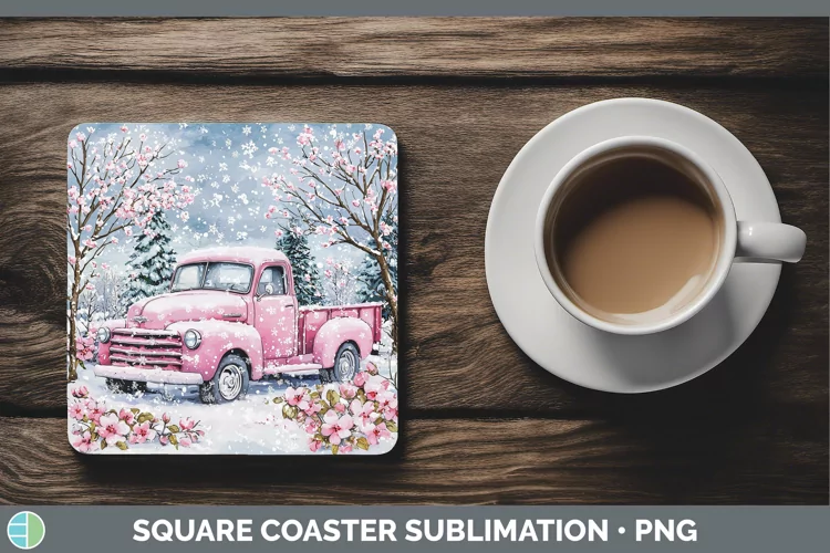 Watercolor Vintage Truck Square Coaster Sublimation Coaster