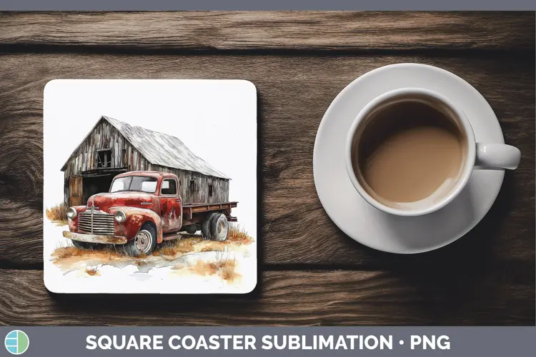 Watercolor Vintage Truck Square Coaster Sublimation Coaster