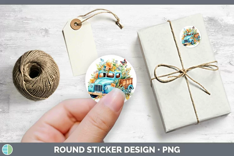 Watercolor Vintage Truck Stickers | Round Labels Designs