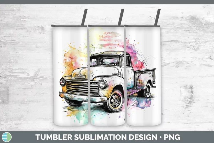 Watercolor Vintage Truck Tumbler Sublimation 20 oz Skinny Tu