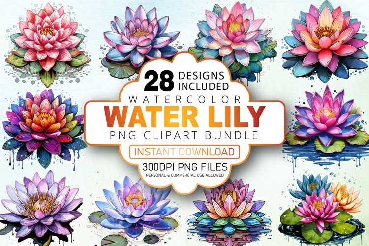 Watercolor Water Lily Clipart Bundle