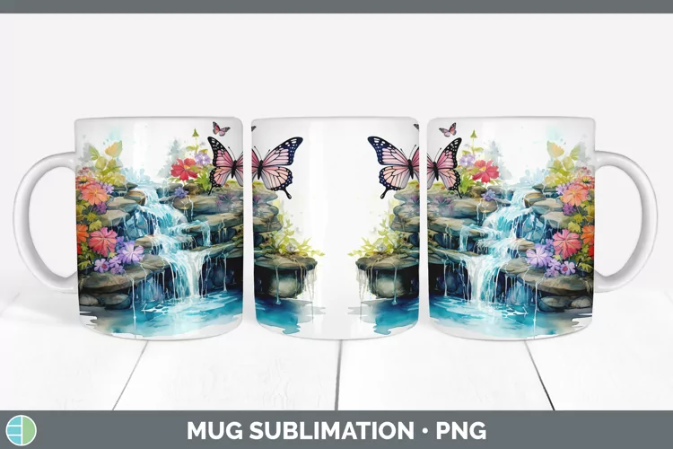 Watercolor Waterfall Mug Wrap | Sublimation Coffee Cup Desig