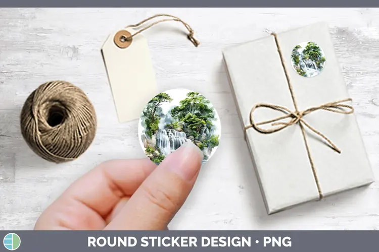 Watercolor Waterfall Stickers | Round Labels Designs