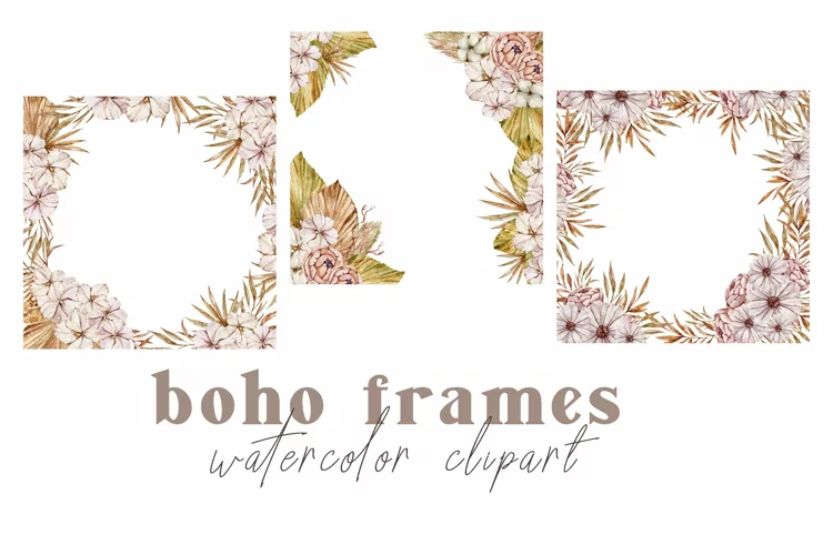 Watercolor boho floral frames clipart- 3 png files