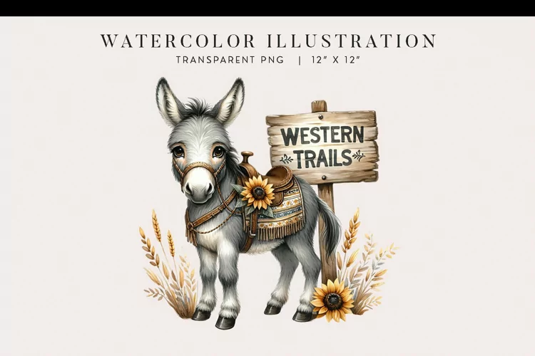 Watercolor Western Sunflower Donkey Clipart