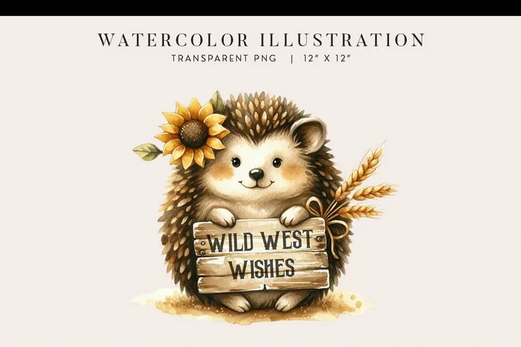 Watercolor Western Sunflower Hedgehog Clipart