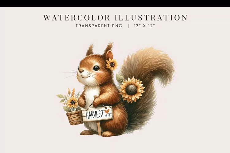 Watercolor Western Sunflower Squirrel Clipart