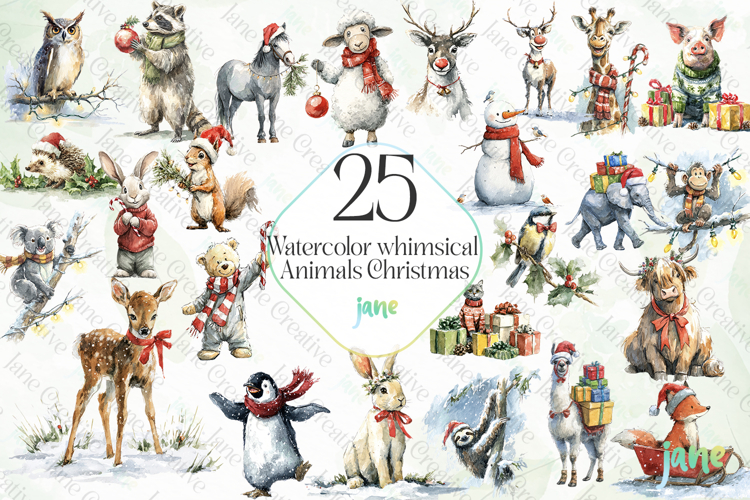 Watercolor whimsical Animals Christmas