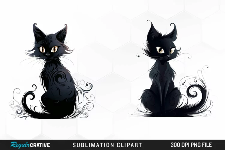Watercolor Whimsical Black Cat Clipart