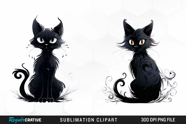 Watercolor Whimsical Black Cat Clipart