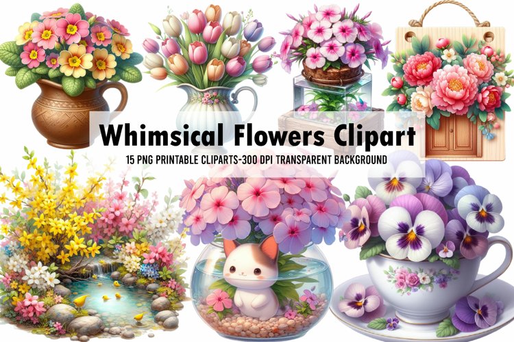 Watercolor Whimsical Flowers Clipart