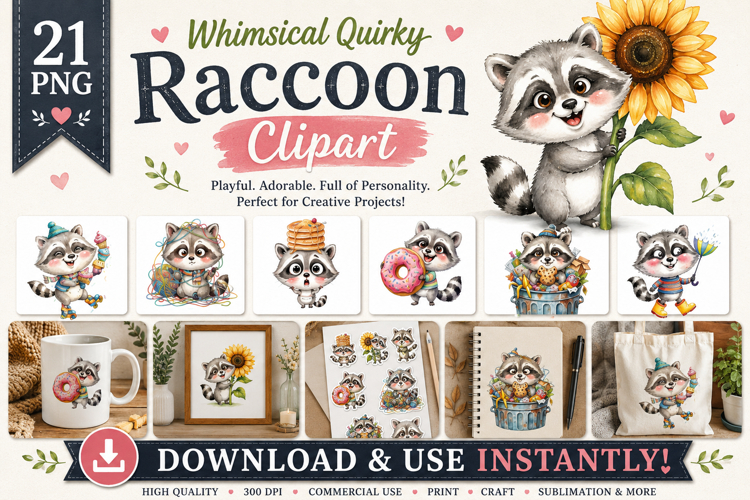Whimsical Quirky Raccoon Clipart Bundle | 21 PNG Files