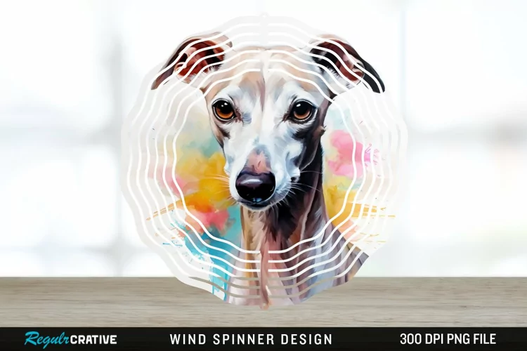 Watercolor Whippet Dog Wind Spinner Sublimation Design PNG
