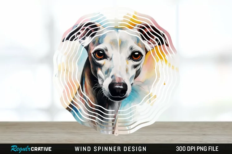 Watercolor Whippet Dog Wind Spinner Sublimation Design PNG