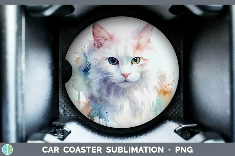 Watercolor White Cat Car Coaster Sublimation Coaster Designs