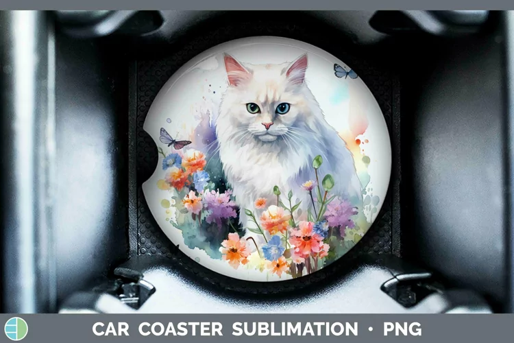 Watercolor White Cat Car Coaster Sublimation Coaster Designs