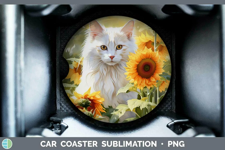 Watercolor White Cat Car Coaster Sublimation Coaster Designs
