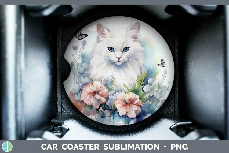 Watercolor White Cat Car Coaster Sublimation Coaster Designs