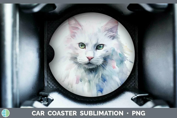 Watercolor White Cat Car Coaster Sublimation Coaster Designs