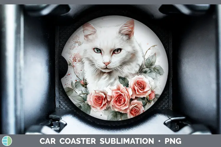Watercolor White Cat Car Coaster Sublimation Designs