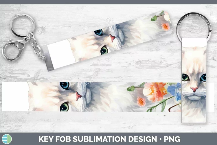 Watercolor White Cat Key Fob Sublimation Wristlet Designs