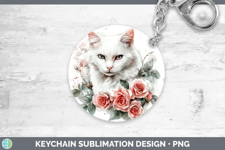 Watercolor White Cat Keychain Sublimation Keyring Designs