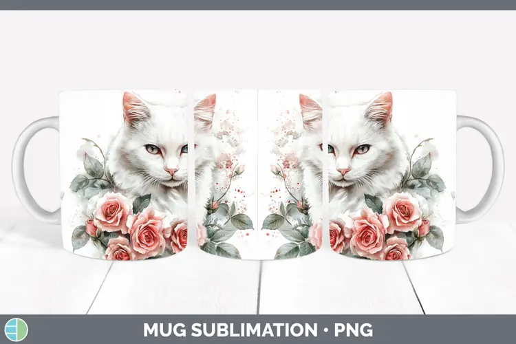 Watercolor White Cat Mug Wrap Sublimation Coffee Cup Designs